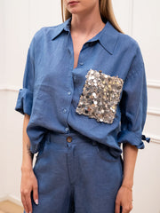 Camicia Dreamer indaco in lino tasca paillettes - Tensione In