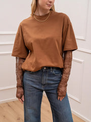 T shirt caramello con manicotto in pizzo - Vicolo