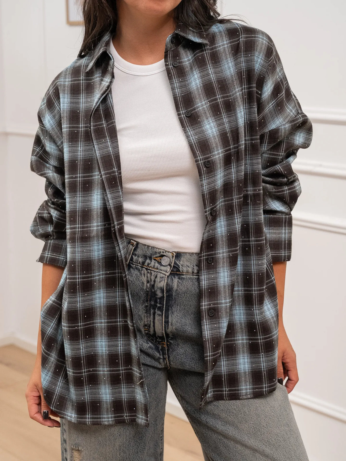 Camicia Viky celeste check con strass - Crispy