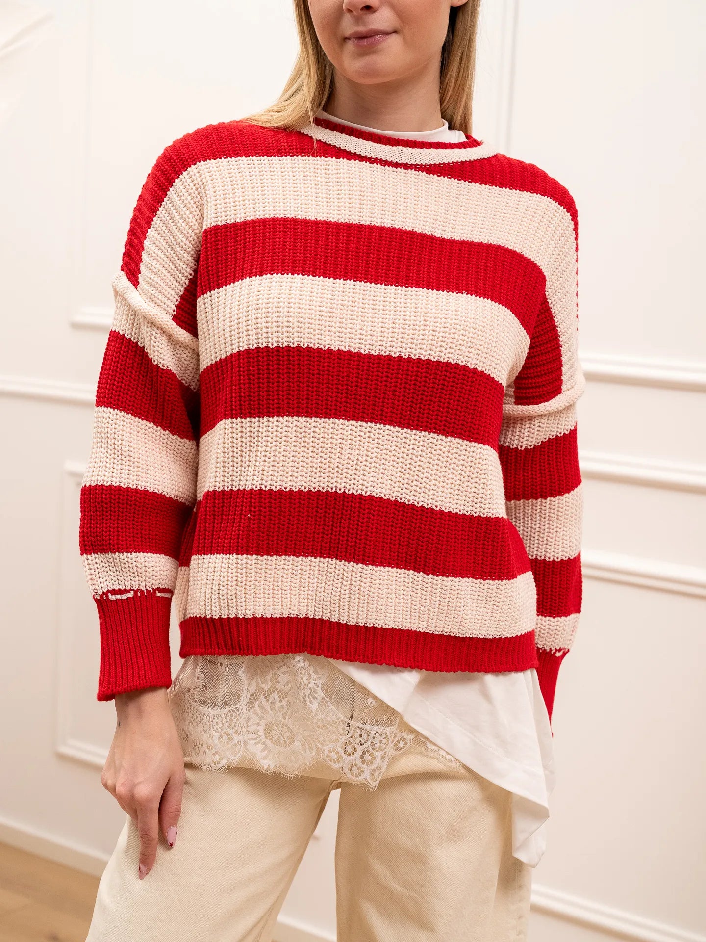 Maglia girocollo rigata rosso e panna fit over - HaveOne