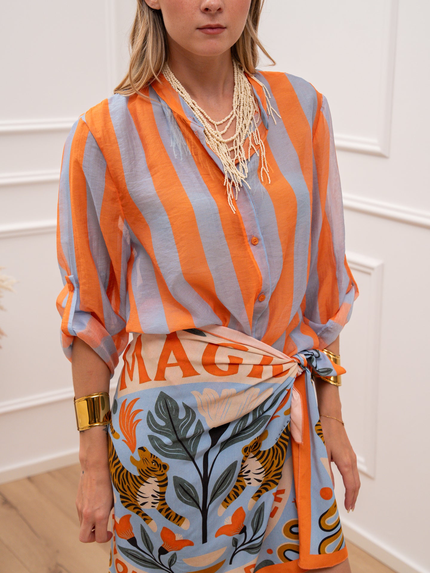 Camicia riga larga arancio e celeste in lyocell - HaveOne