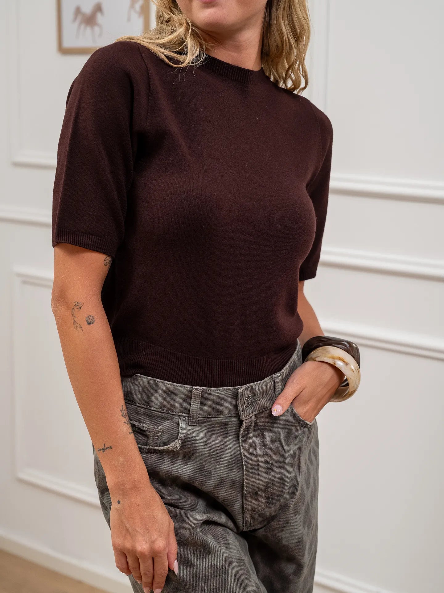 Maglia mogano mezza manica in maglia rasata - Kontatto