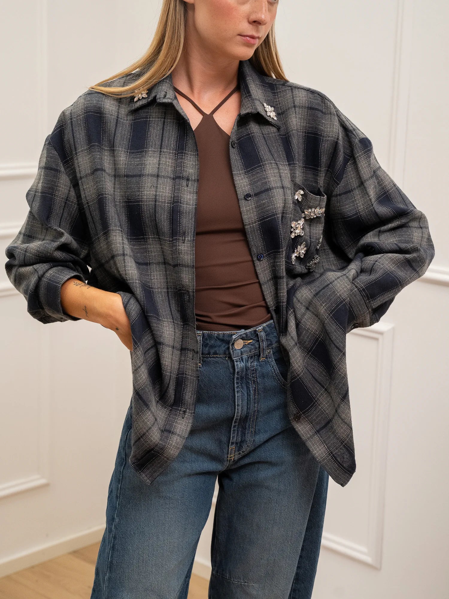 Camicia flanella check blu e grigia con cabochon - Vicolo