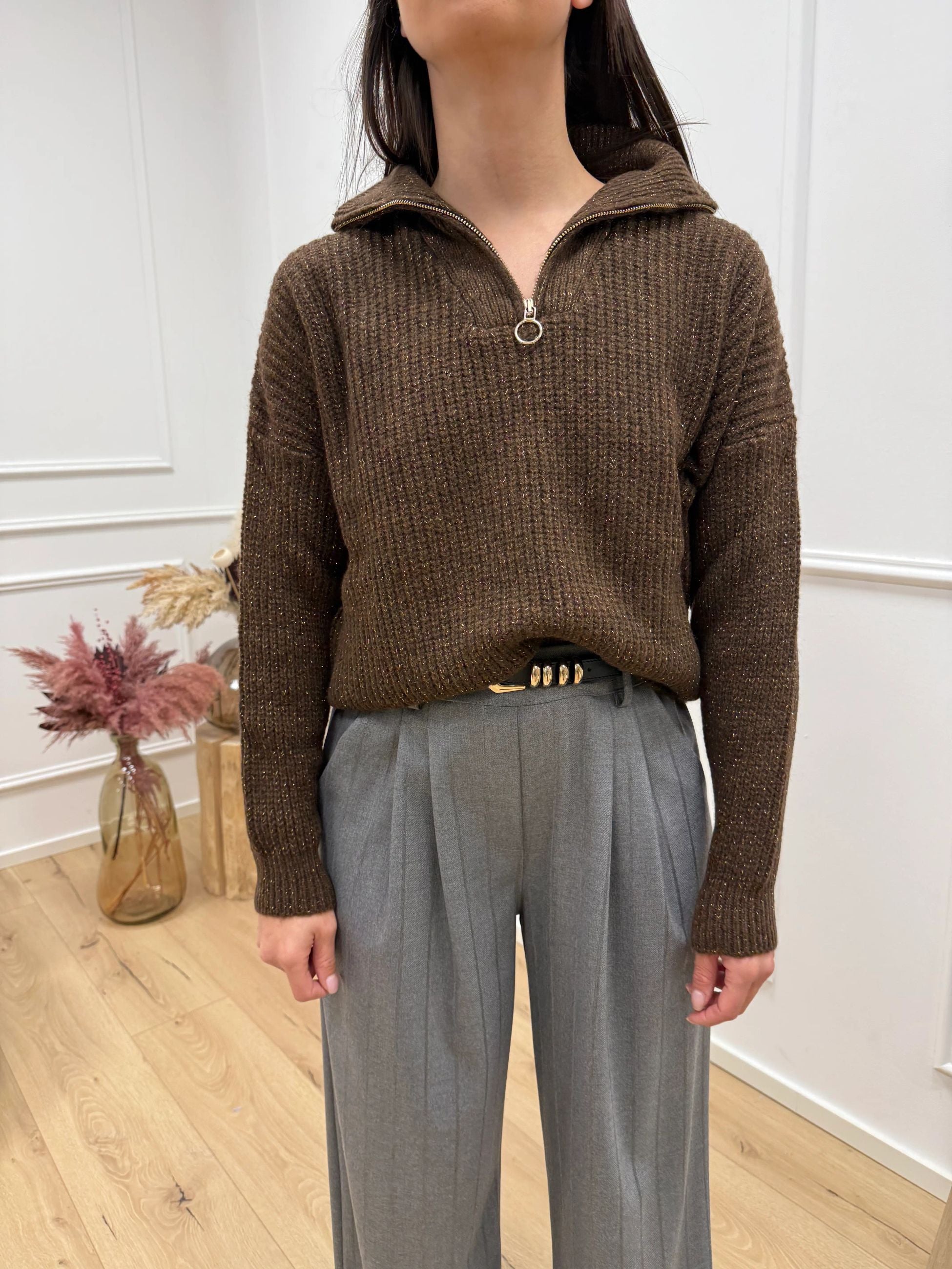 Maglia moro filo lamè oro con zip - HaveOne