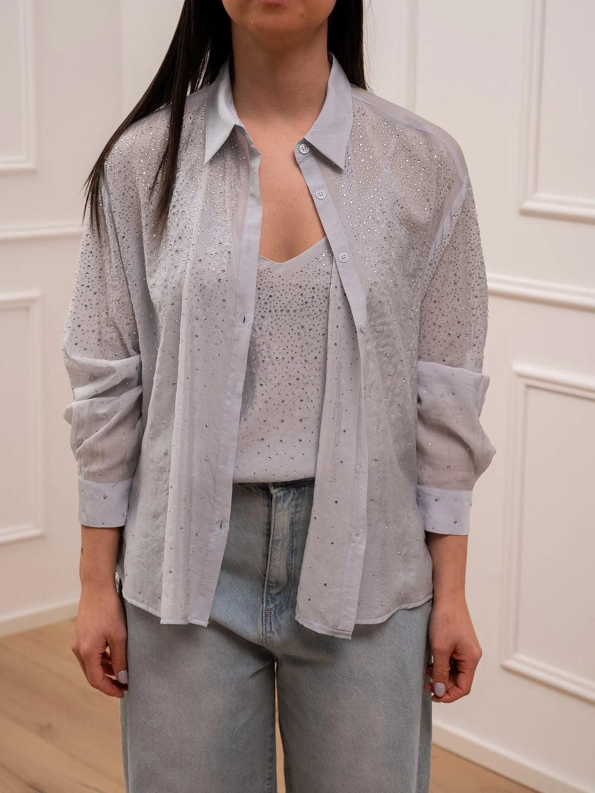 Camicia celeste in mussola con strass - You Decide