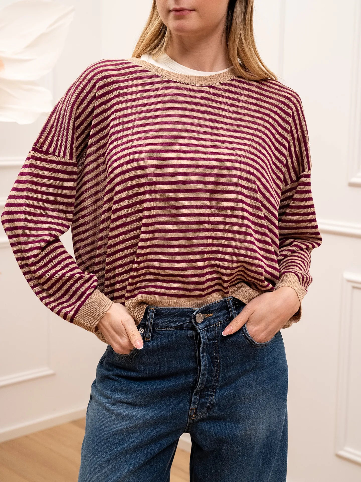 Maglia rigata prugna, beige viscosa leggera - Dixie