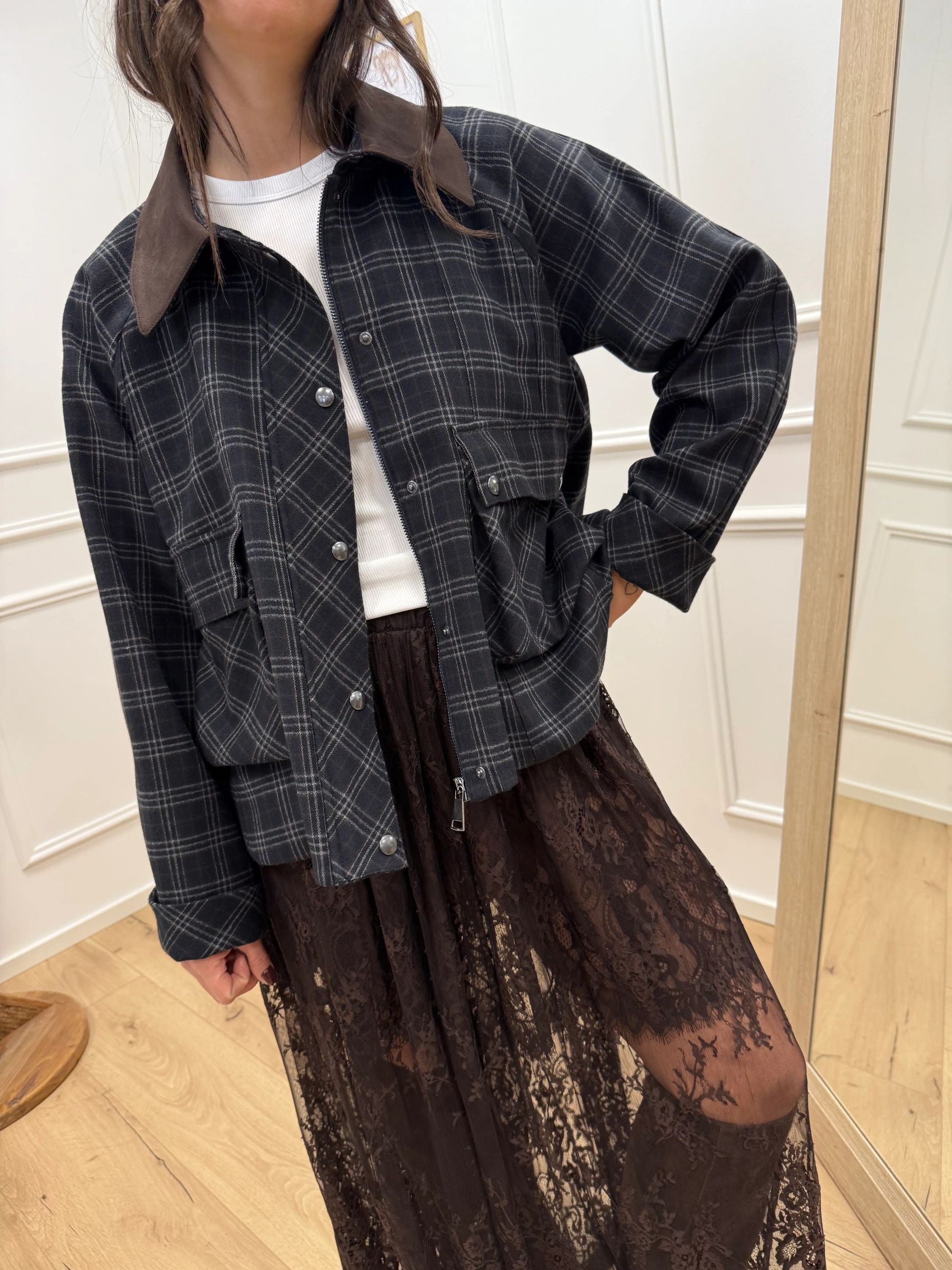 Giacchetto check blu colletto scamosciato moro - Dixie