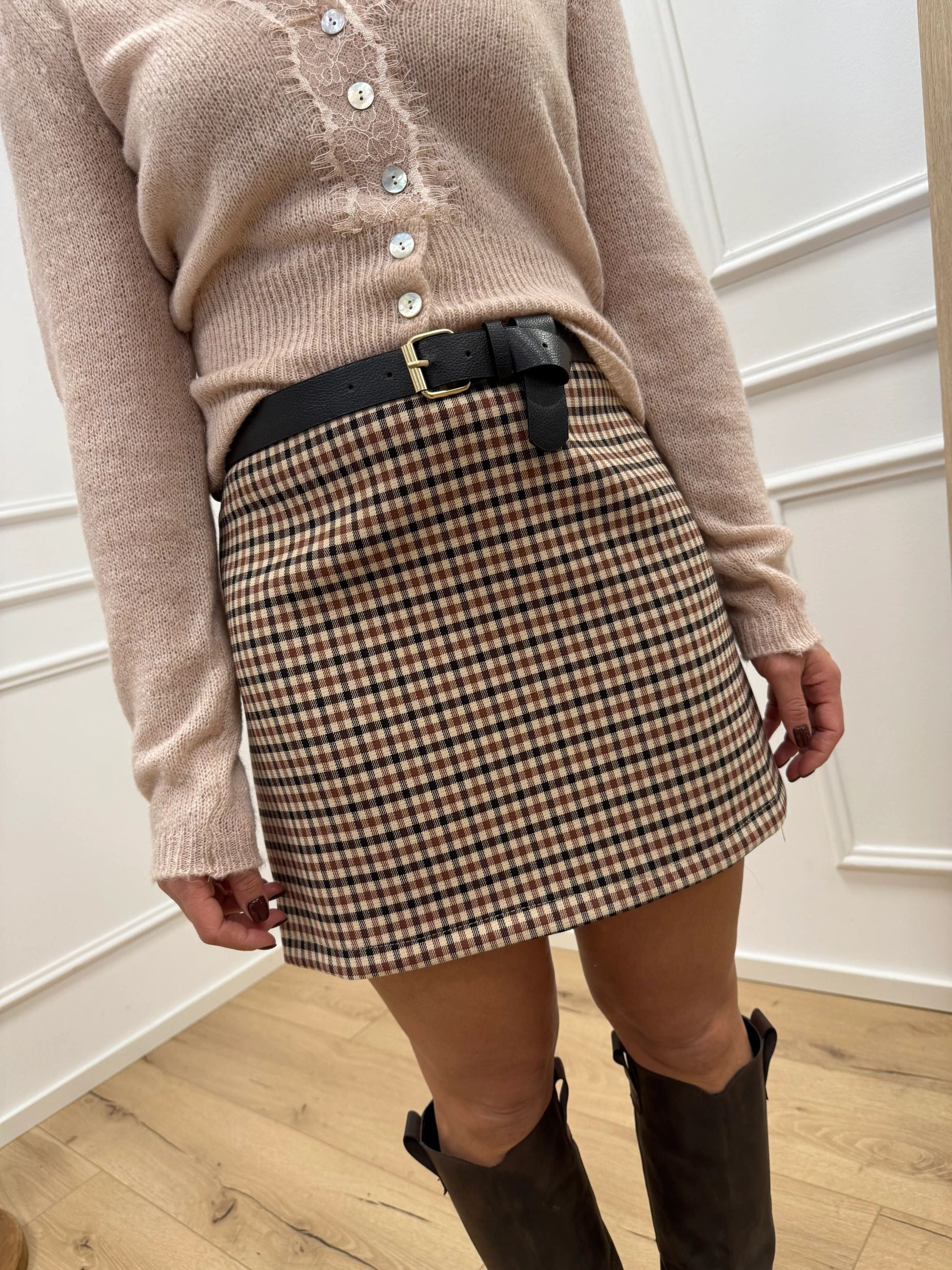 Gonna mini quadri beige, tabacco e nero - HaveOne