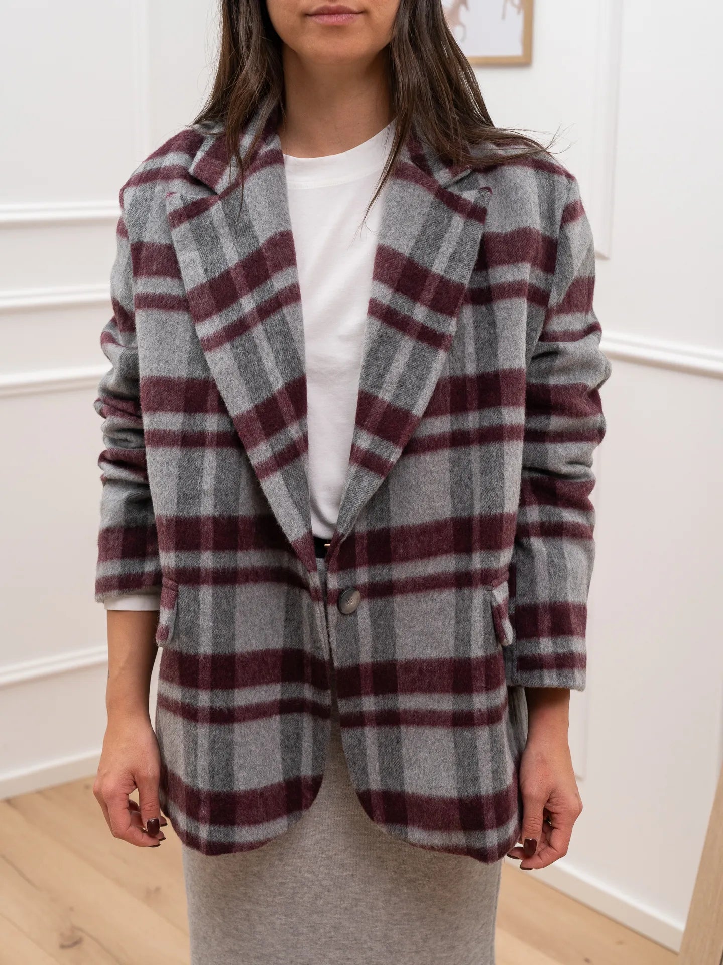 Giacca check grigio e vino in panno di lana - HaveOne