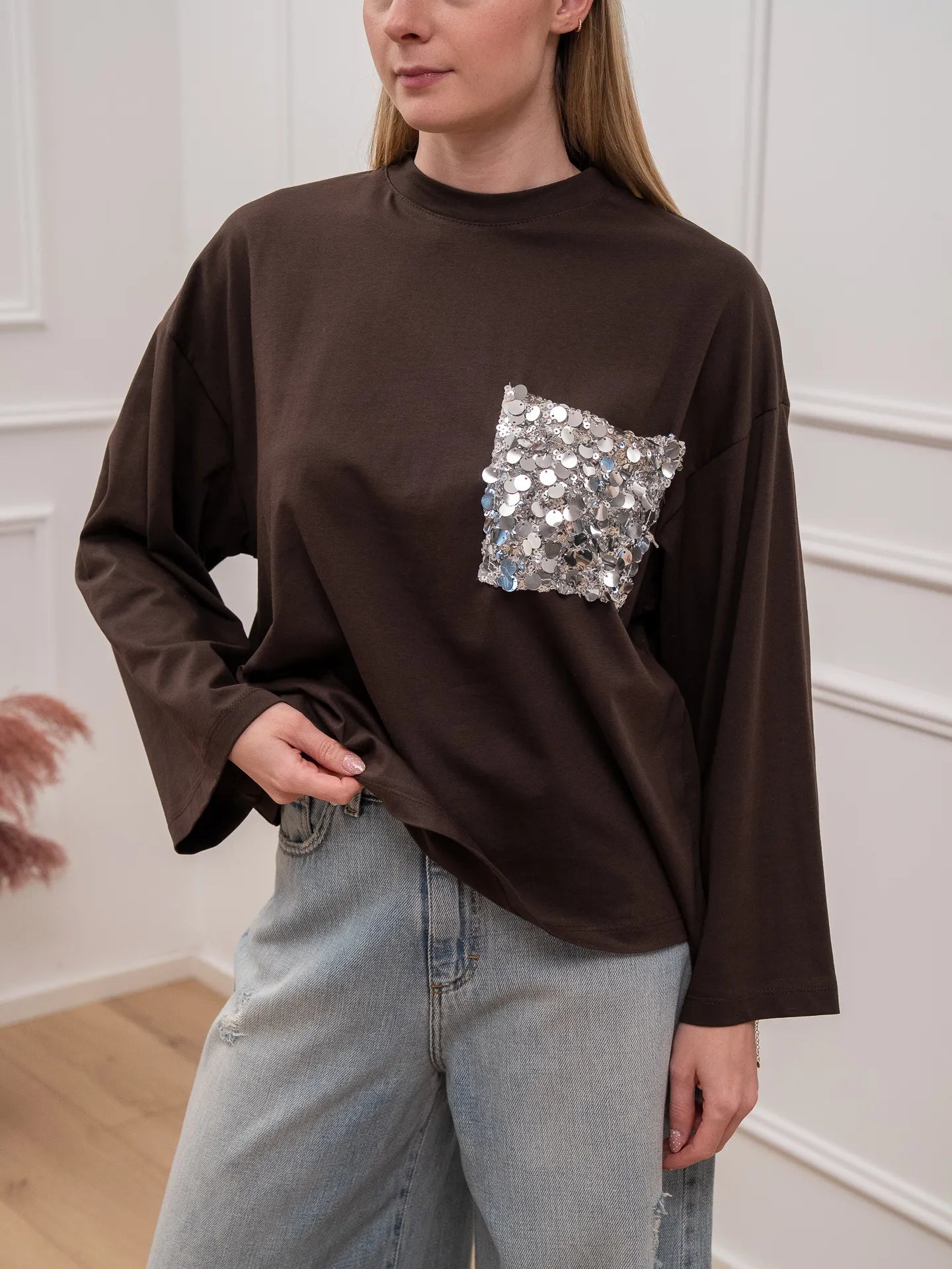 Camicia Donna Con Paillettes E Tasche - Top Casual A Maniche 3/4 Con Scollo A V E Bottoni, Colore Nero, Taglie Forti Fino A 5XL