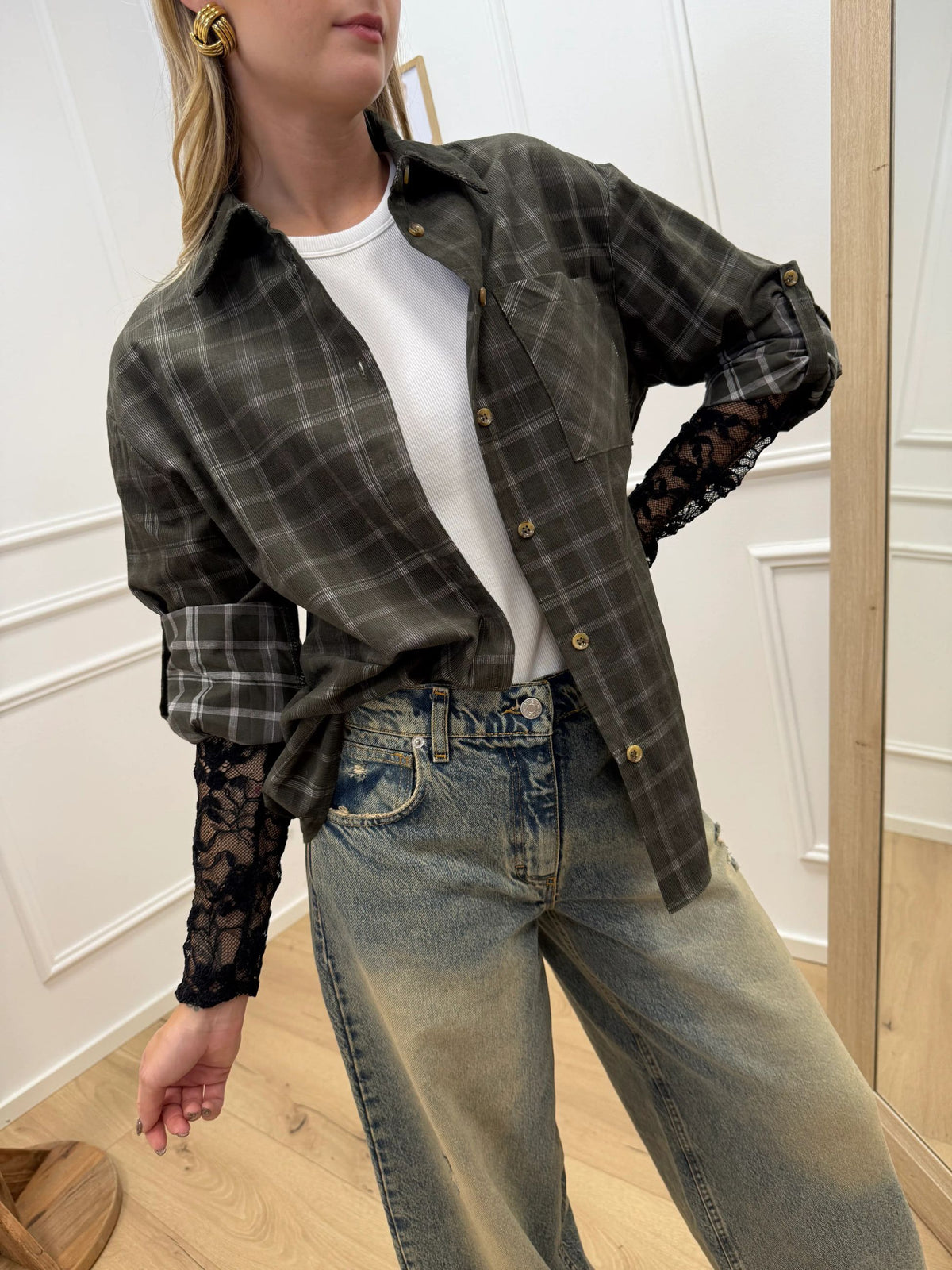 Camicia check militare con manica in pizzo - Vicolo