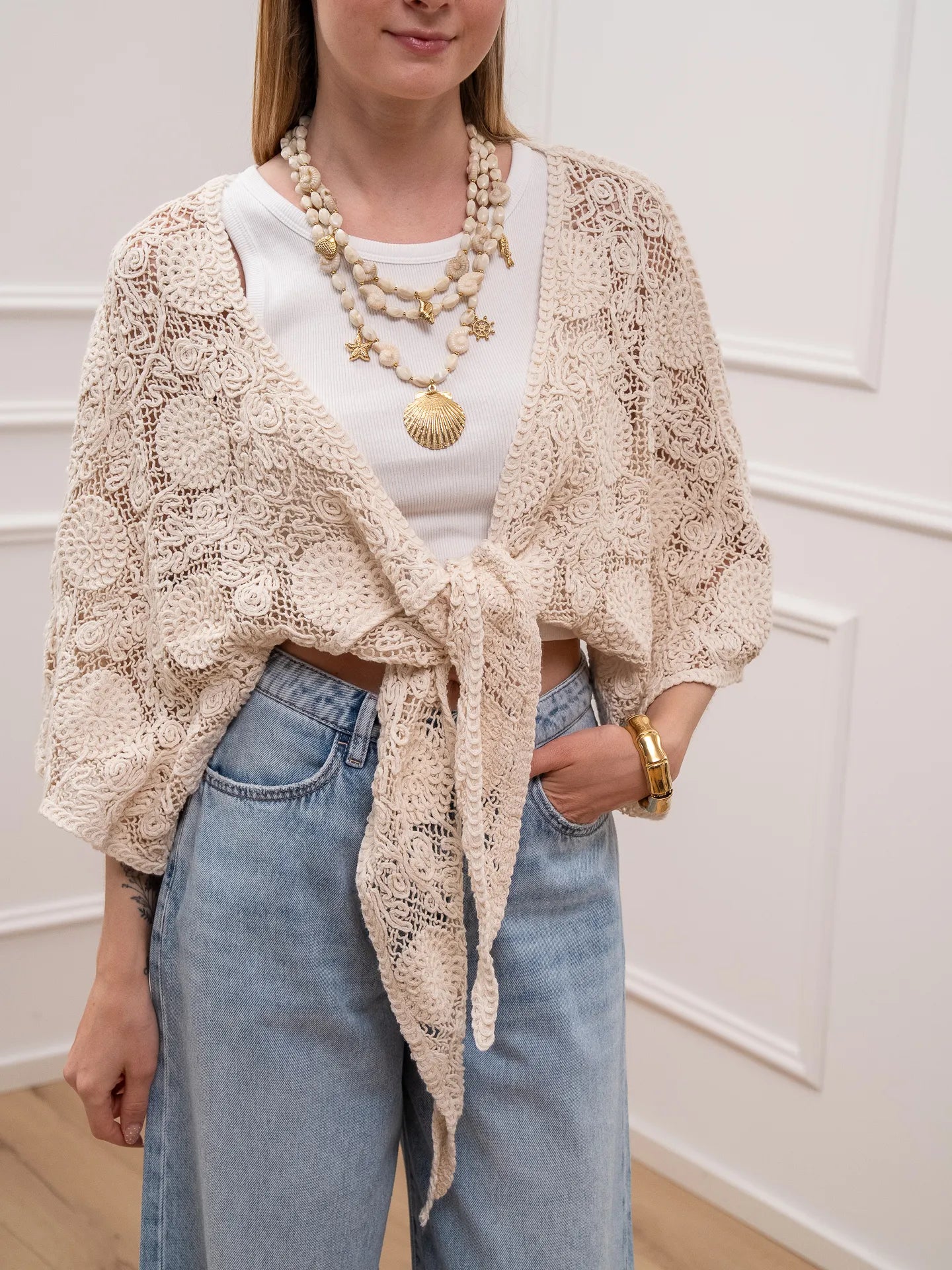 Cardigan crochet naturale con nodo - HaveOne