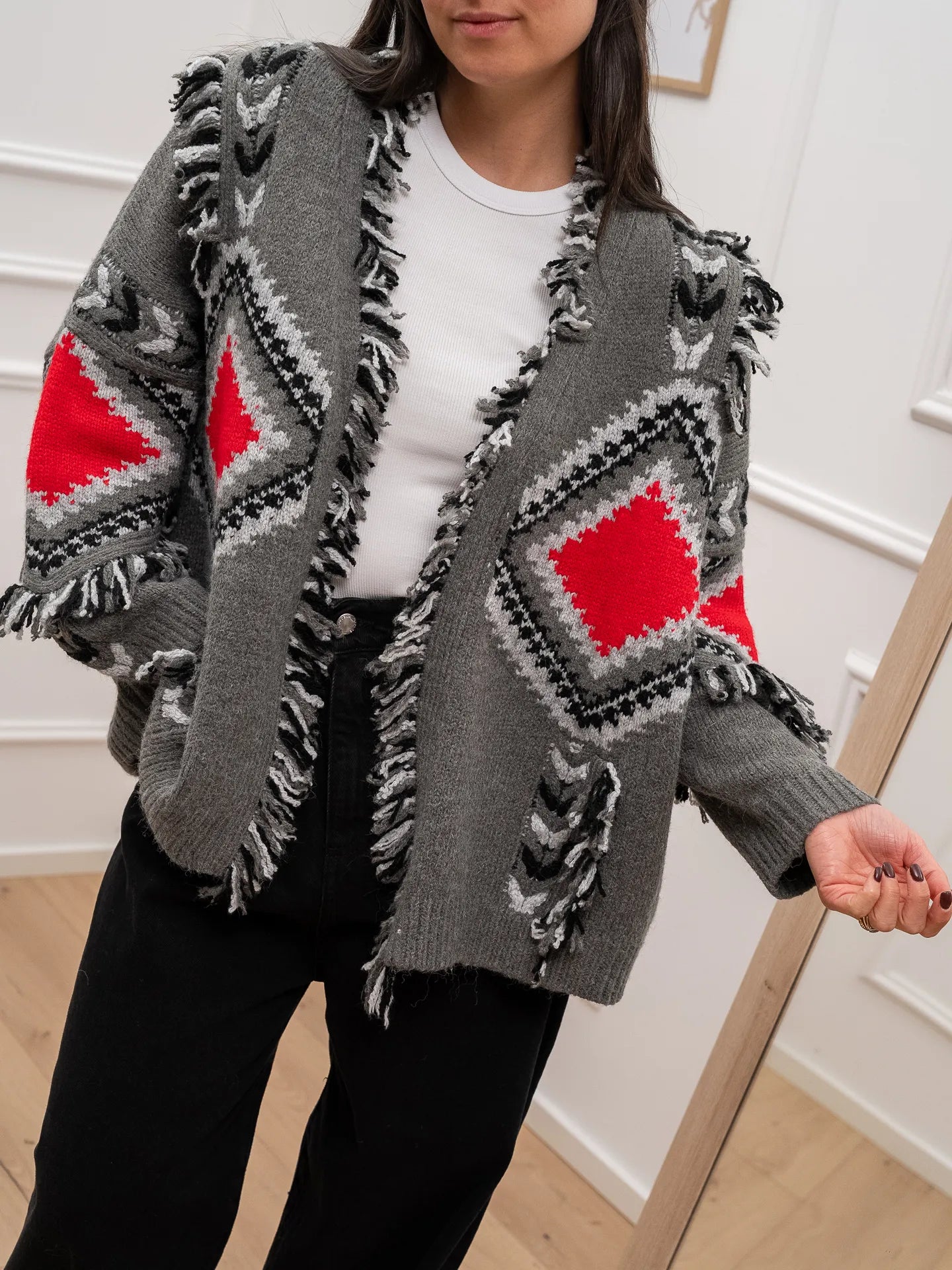 Cardigan etnico grigio, nero e rosso - Kontatto