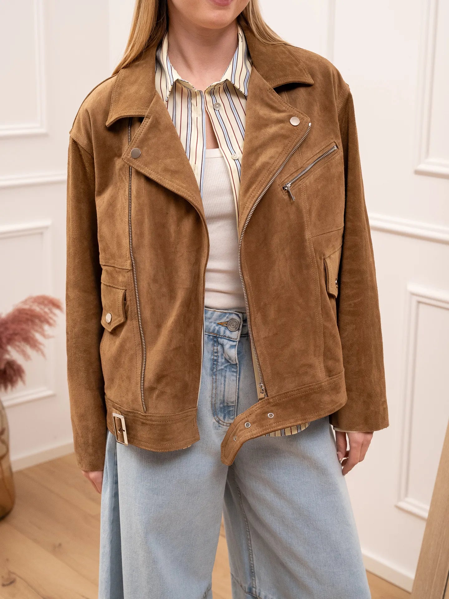 Chiodo in vera pelle camel con zip - Tensione In