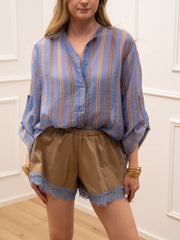 Camicia rigata cammello e celeste in lyocell - HaveOne