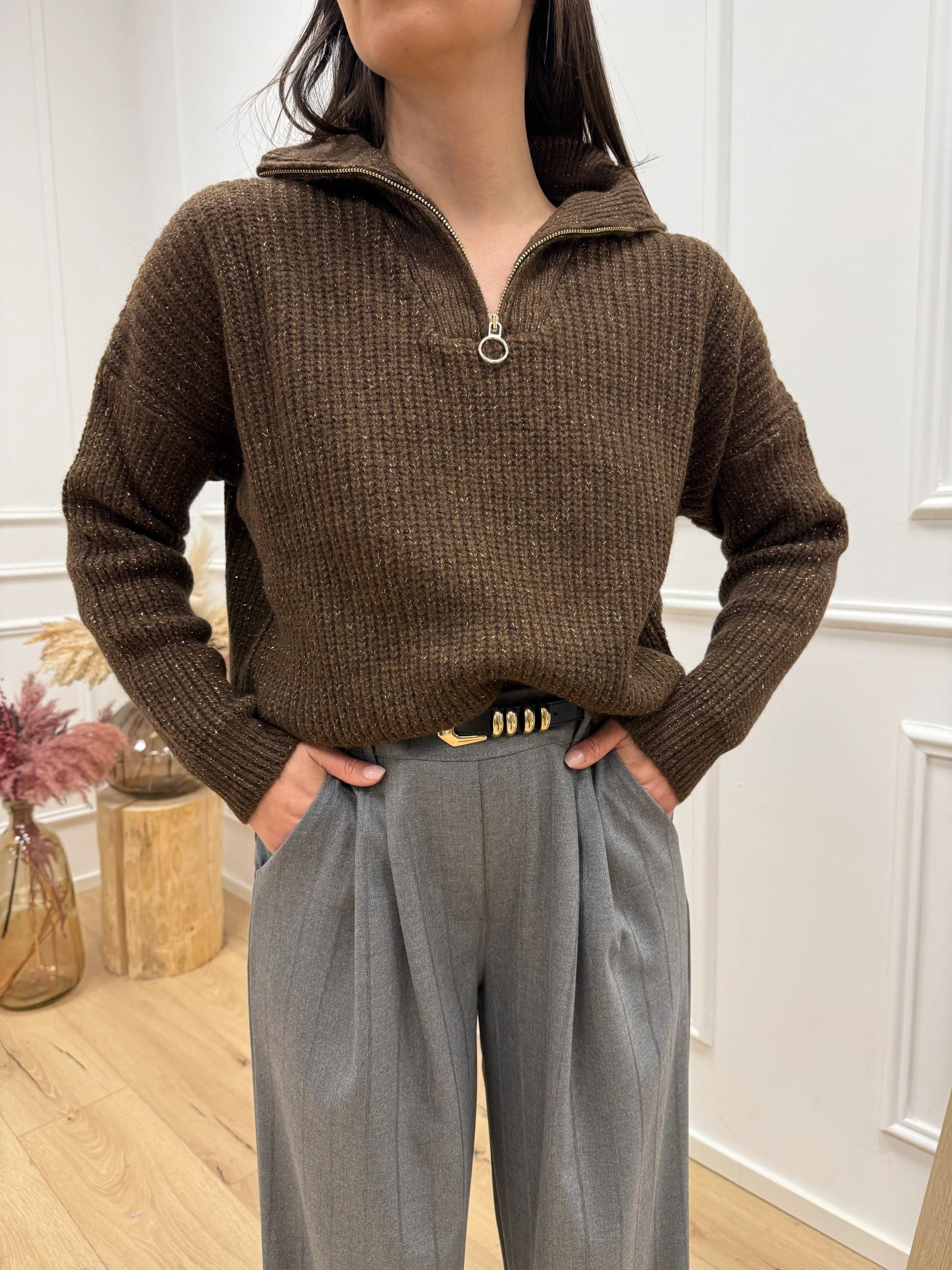 Maglia moro filo lamè oro con zip - HaveOne