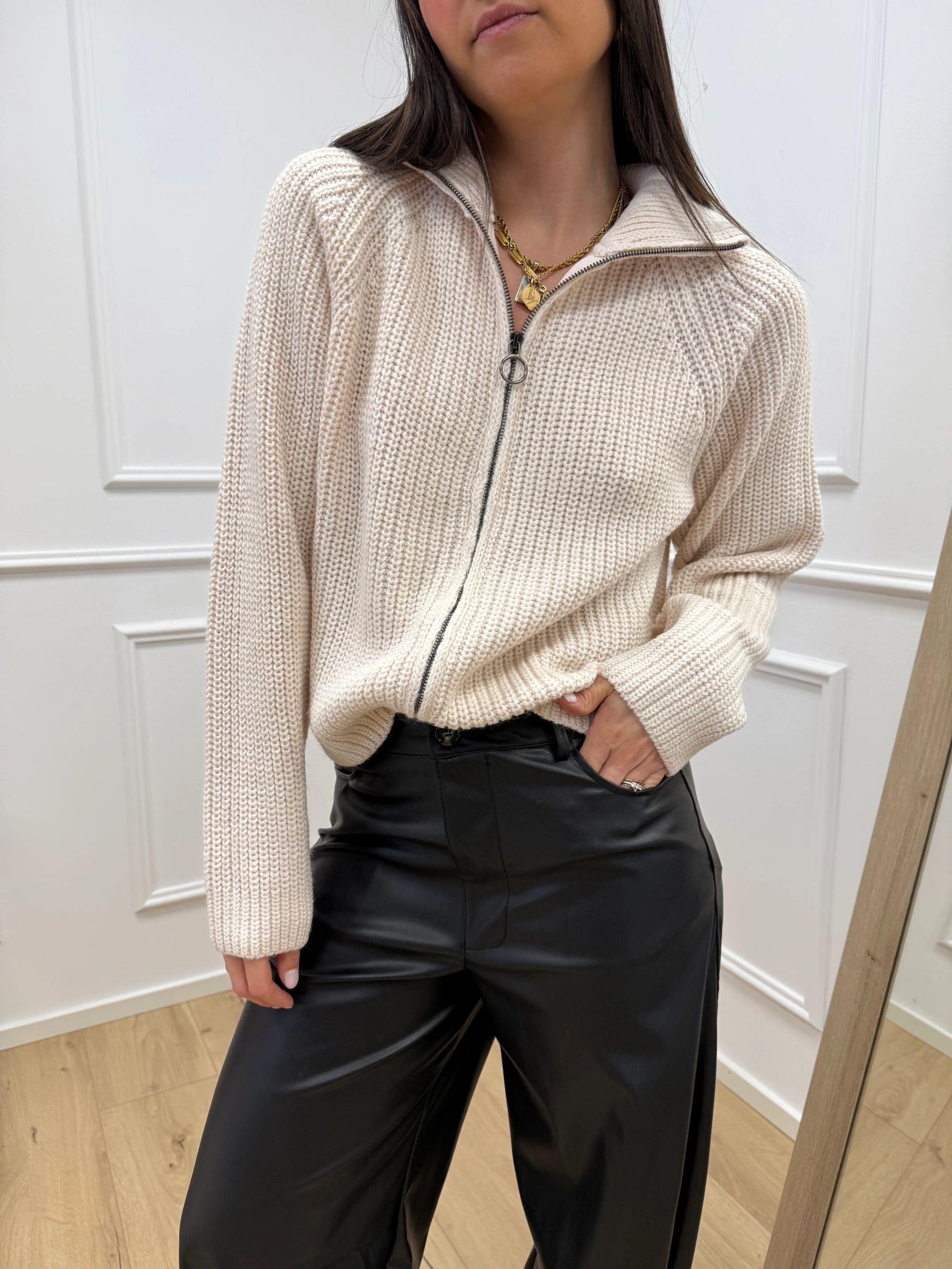 Maglia zip panna a costa inglese - HaveOne