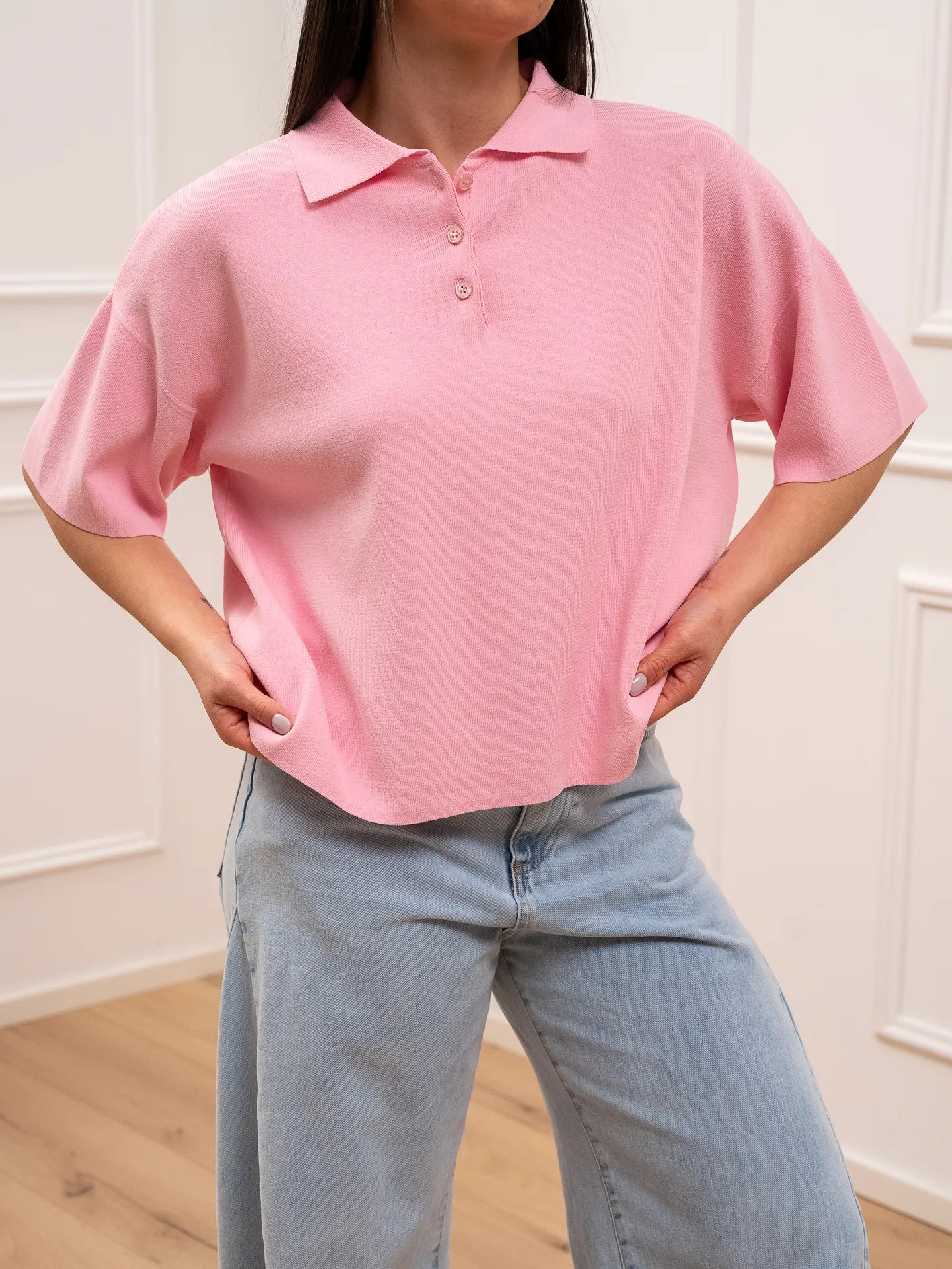 Polo in tricot rosa a scatoletta - Vicolo