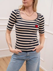 Tshirt rigata avorio e navy cuore bouclé - Vicolo