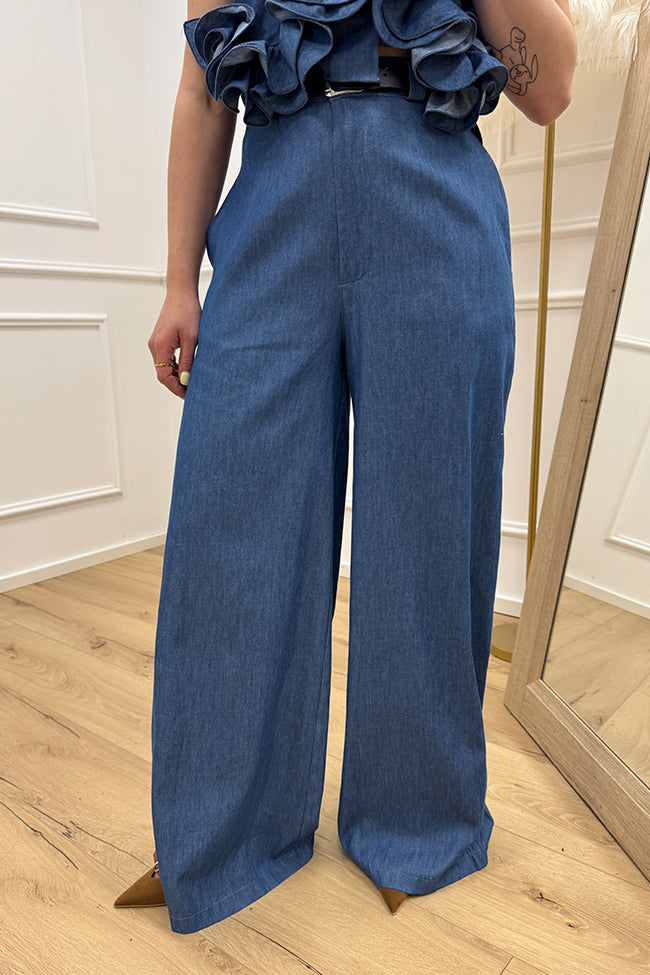 Pantaloni palazzo in chambray con cintura - HaveOne