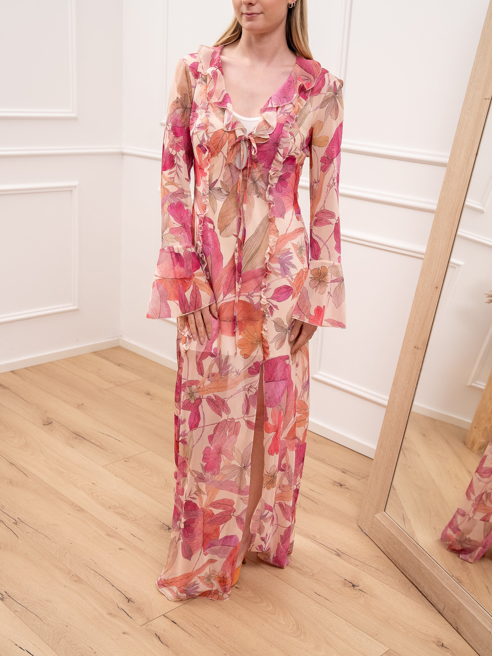 Vestito lungo Flora burro, pesca e rosa con volant - HaveOne