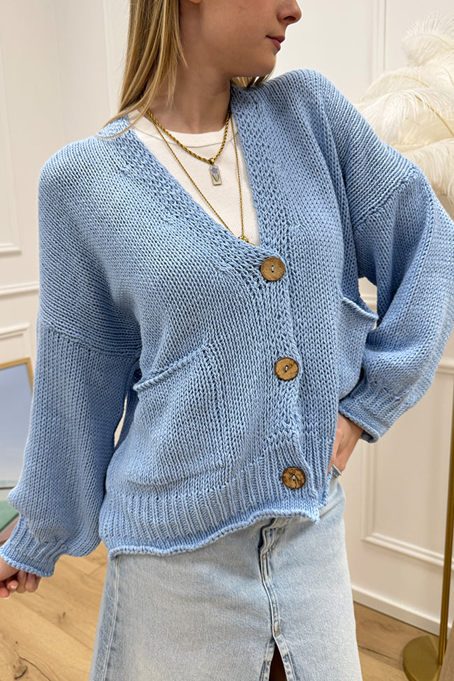 Cardigan corto celeste con taschine - HaveOne