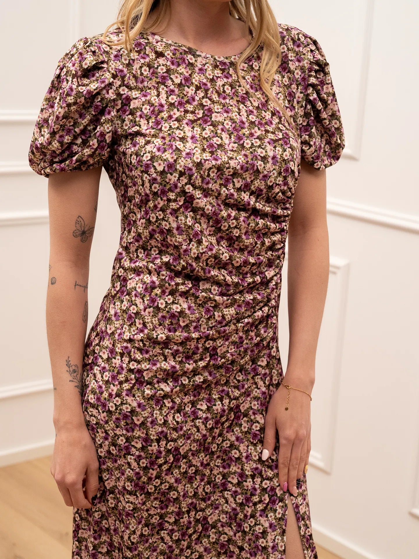 Vestito Bouquet lilla, verde con arriccio laterale in jersey - Vicolo