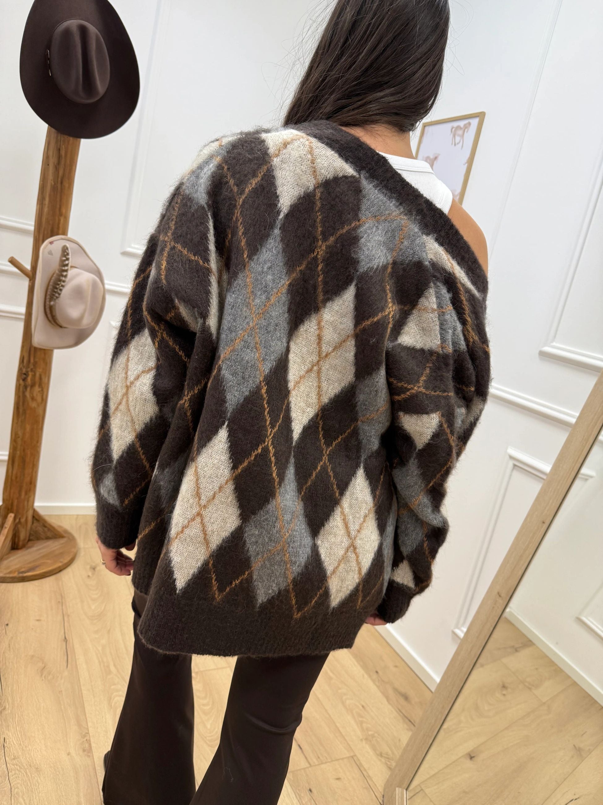 Cardigan mohair rombi moka, burro, grigio - Tensione In