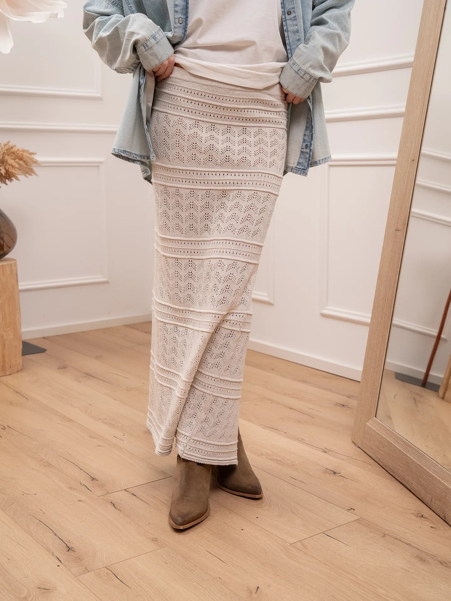 Gonna lunga in maglia traforata panna - Kontatto