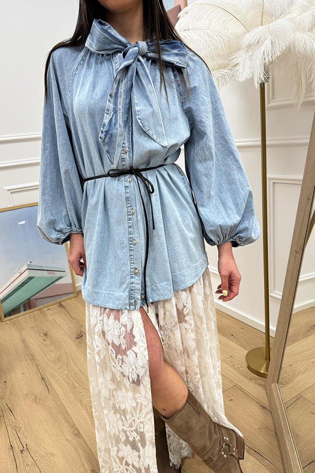 Vestito chemisier in denim e pizzo - Tensione In