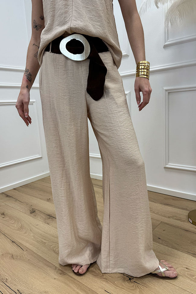Pantaloni sabbia con maxi cintura scamosciata - HaveOne