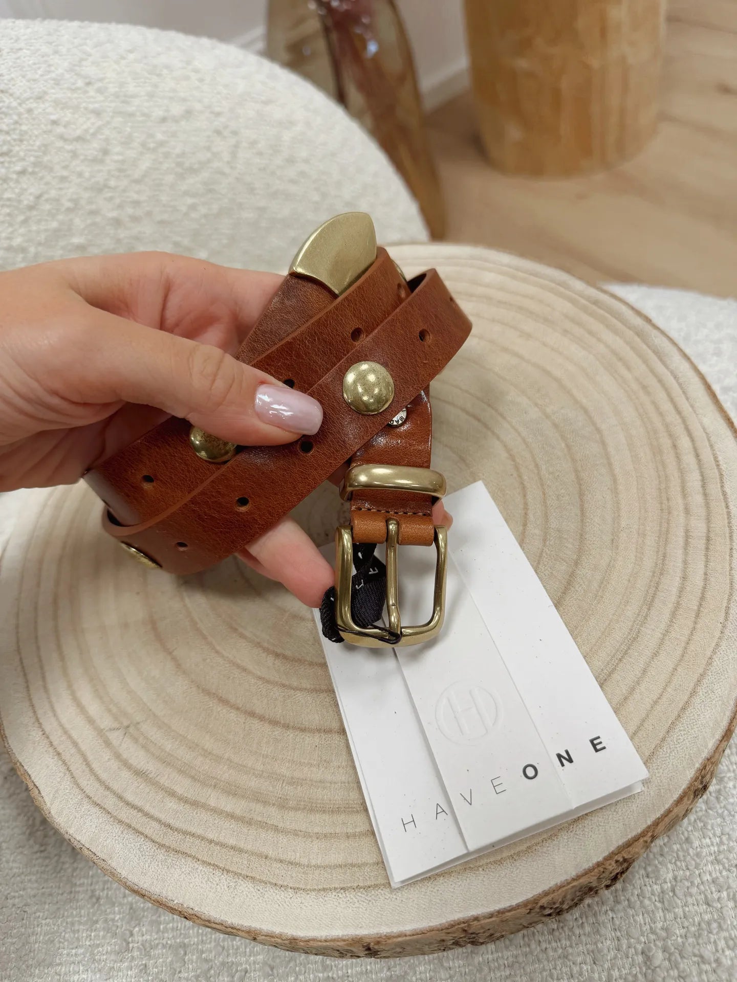 Cintura vera pelle cuoio con borchie oro - HaveOne