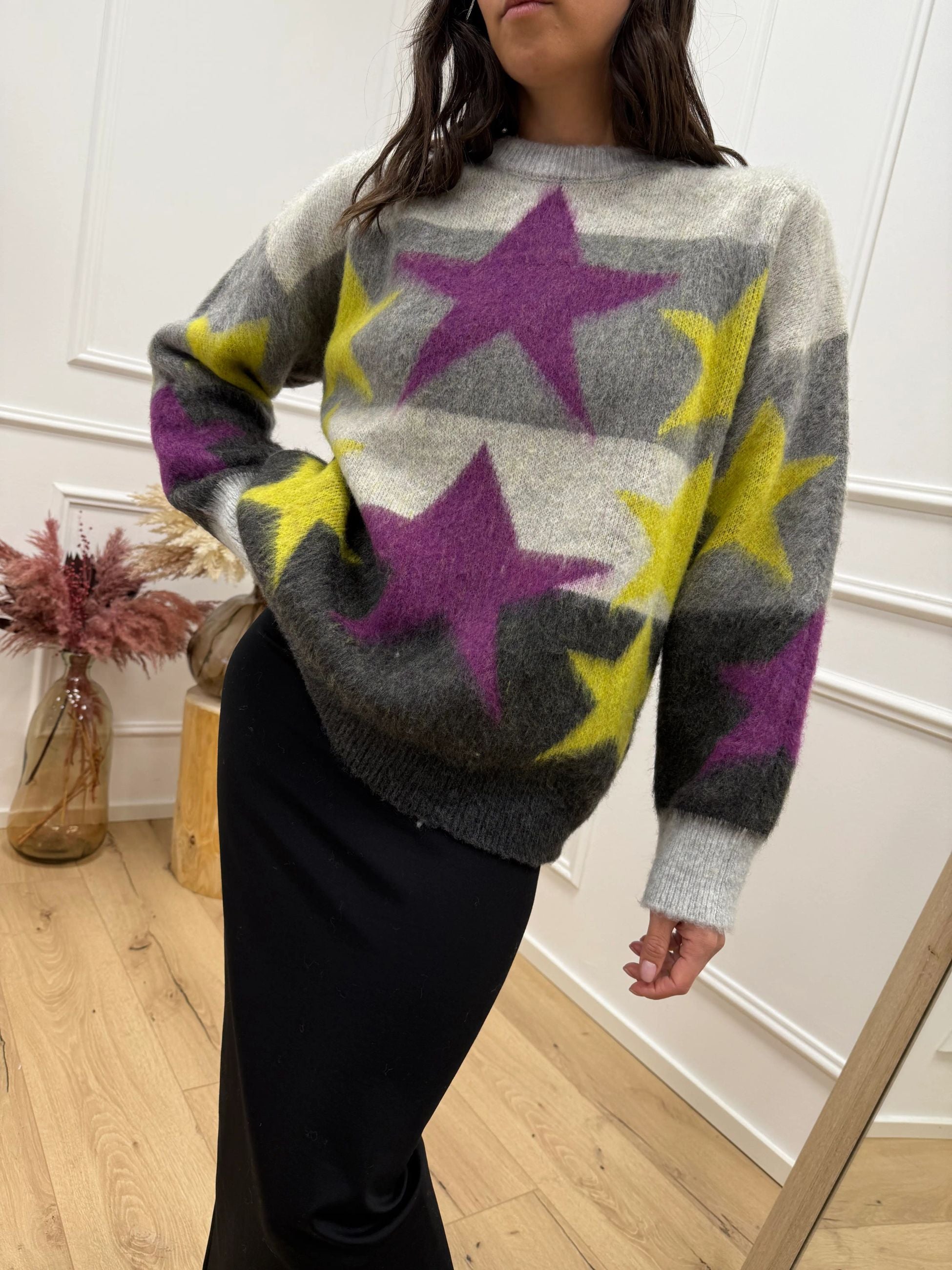 Maglia jacquard stelle antracite, perla, grigio - HaveOne