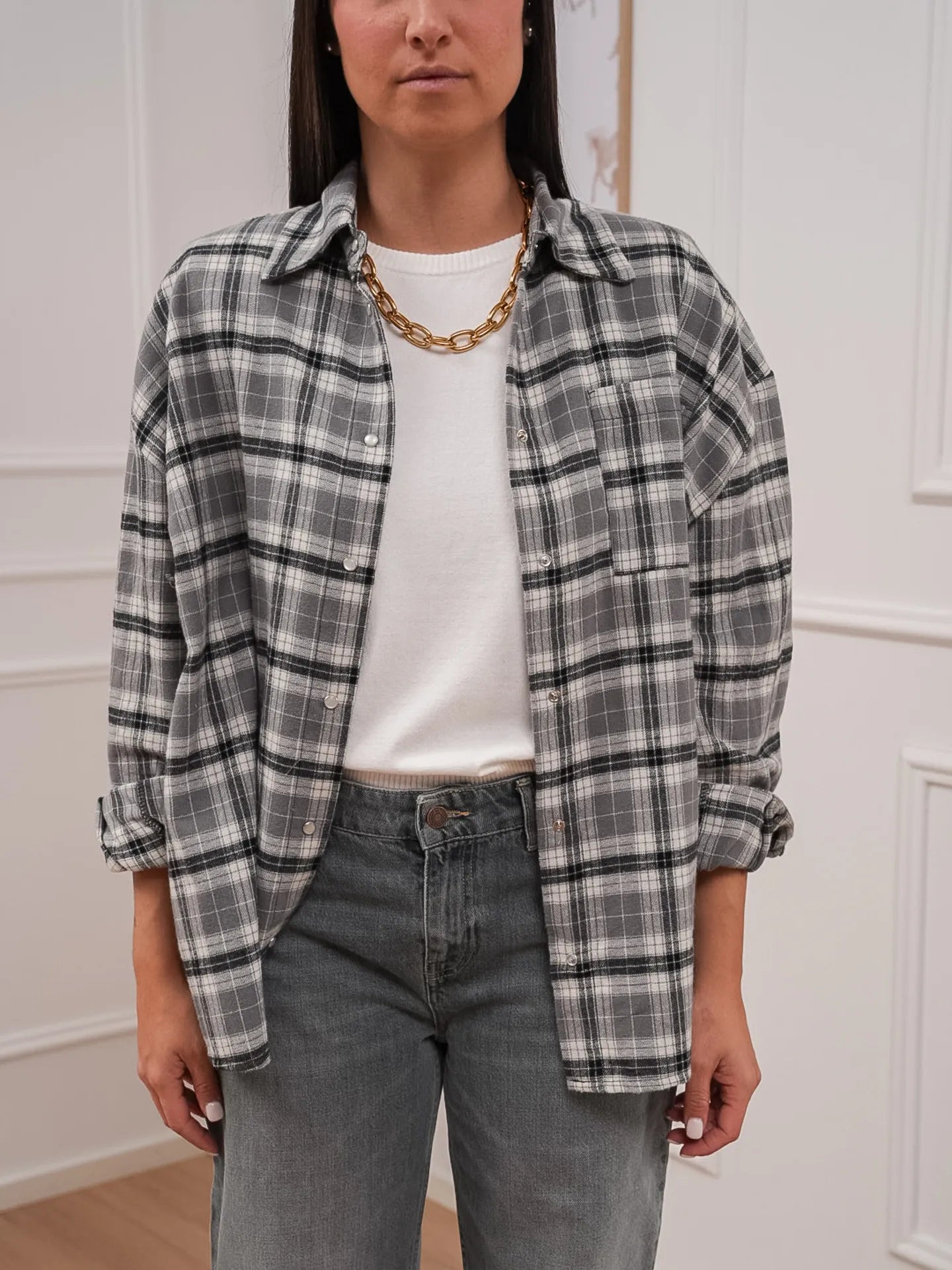 Camicia check grigia stampa rock sul retro - Tensione In