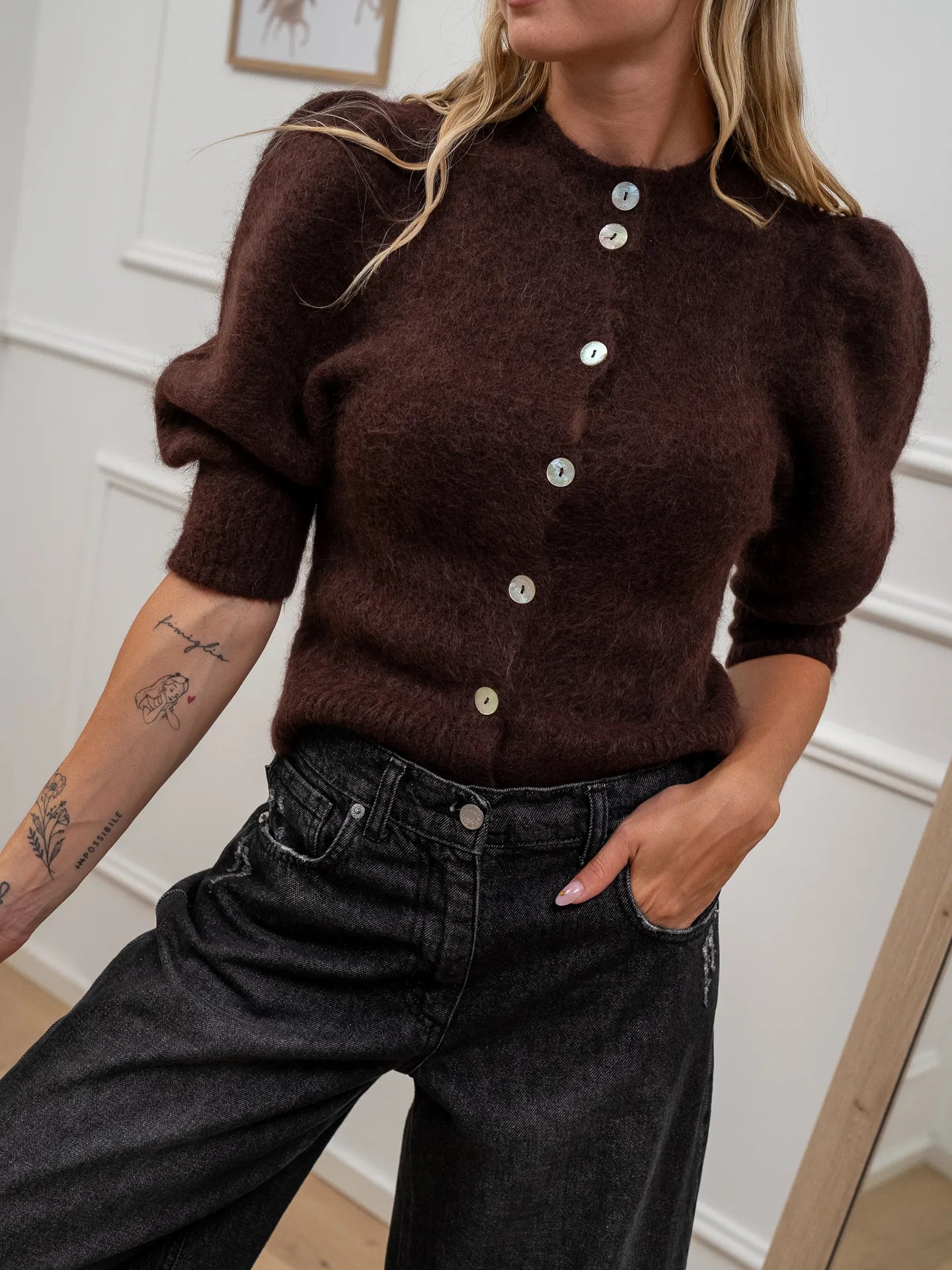 Cardigan mogano manica balloon alpaca superfine - Kontatto