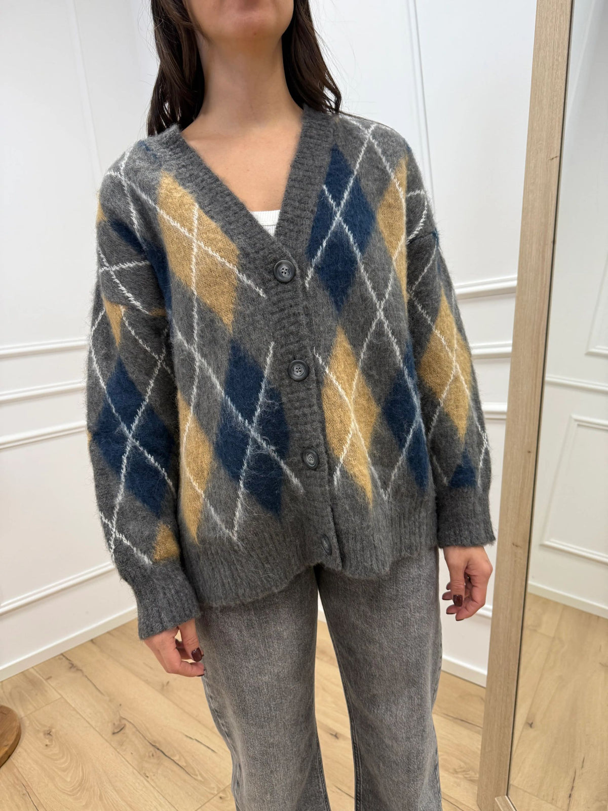 Cardigan mohair rombi grigio, camel, blu - Tensione In