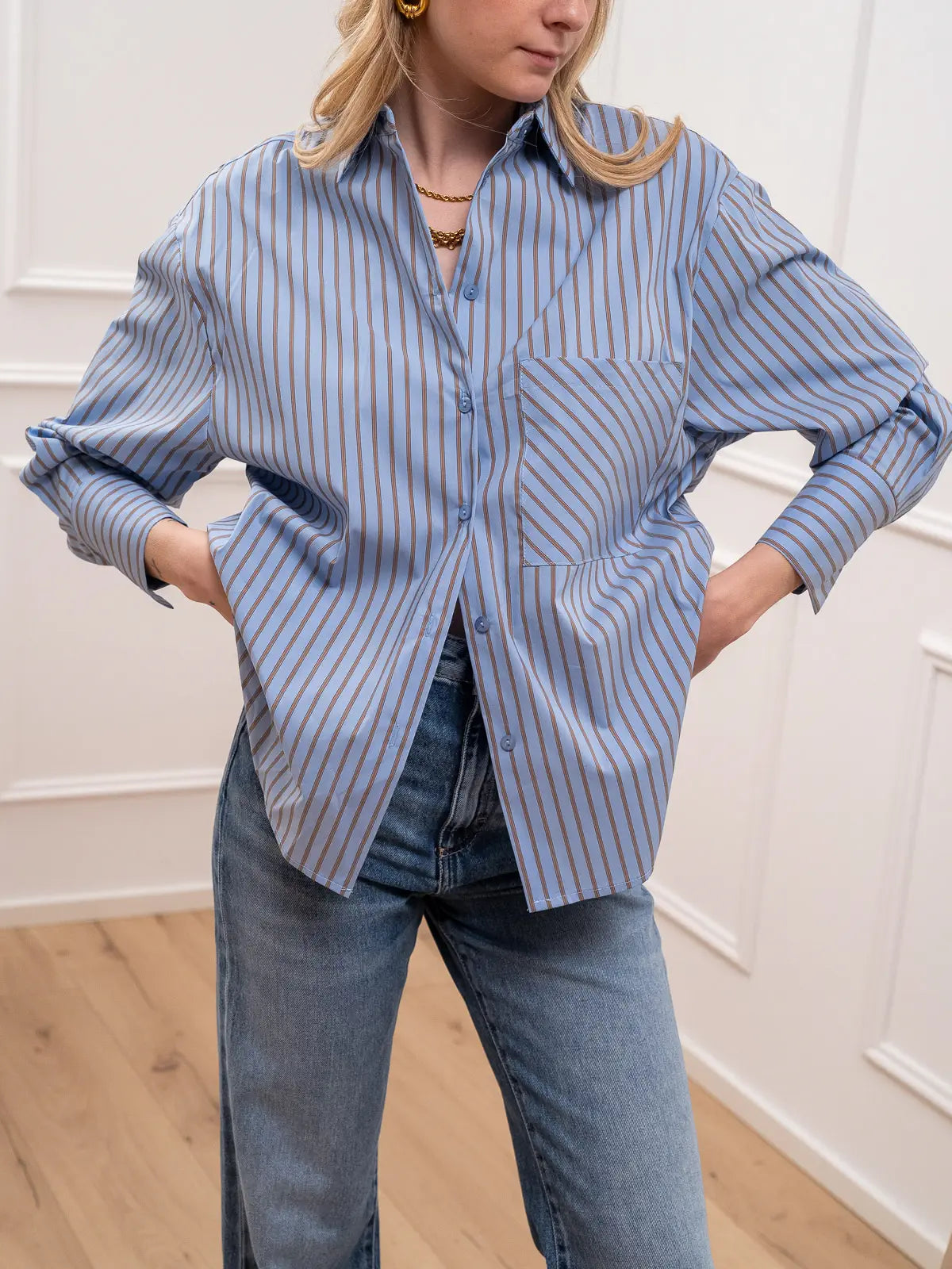 Camicia celeste rigata camel - HaveOne