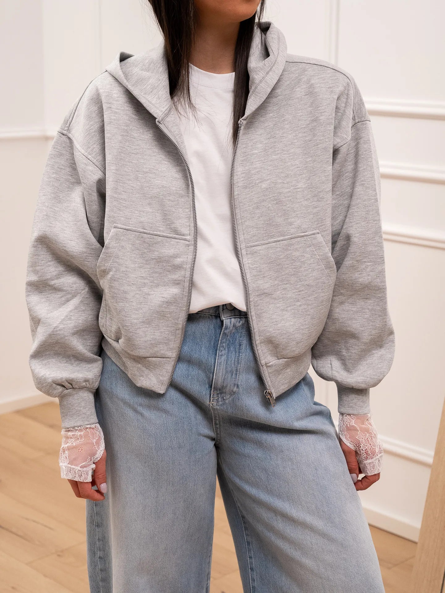 Felpa grigia crop con cappuccio - JJXX