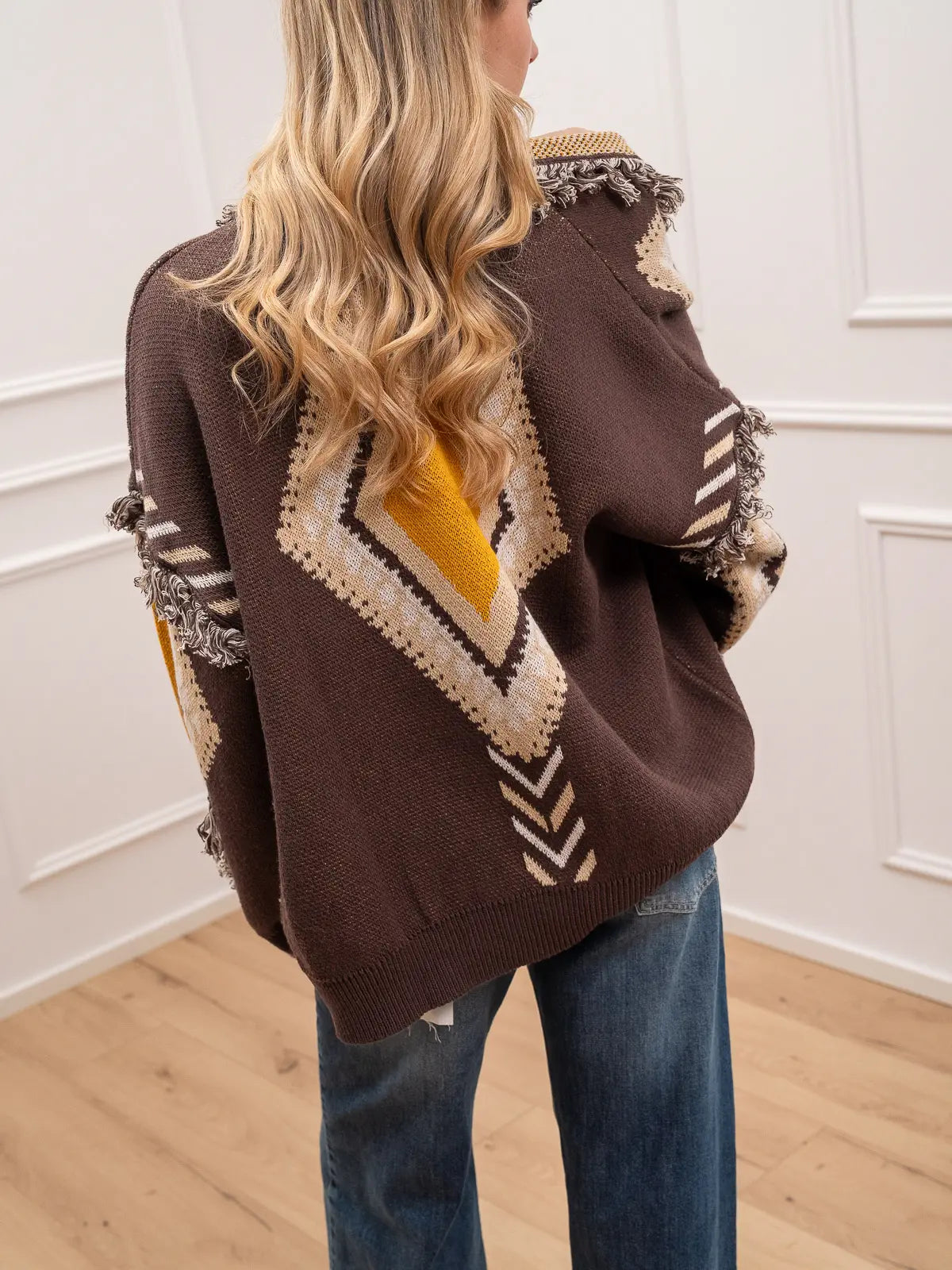 Cardigan alanui frangette senape, fondente e beige - Tensione In