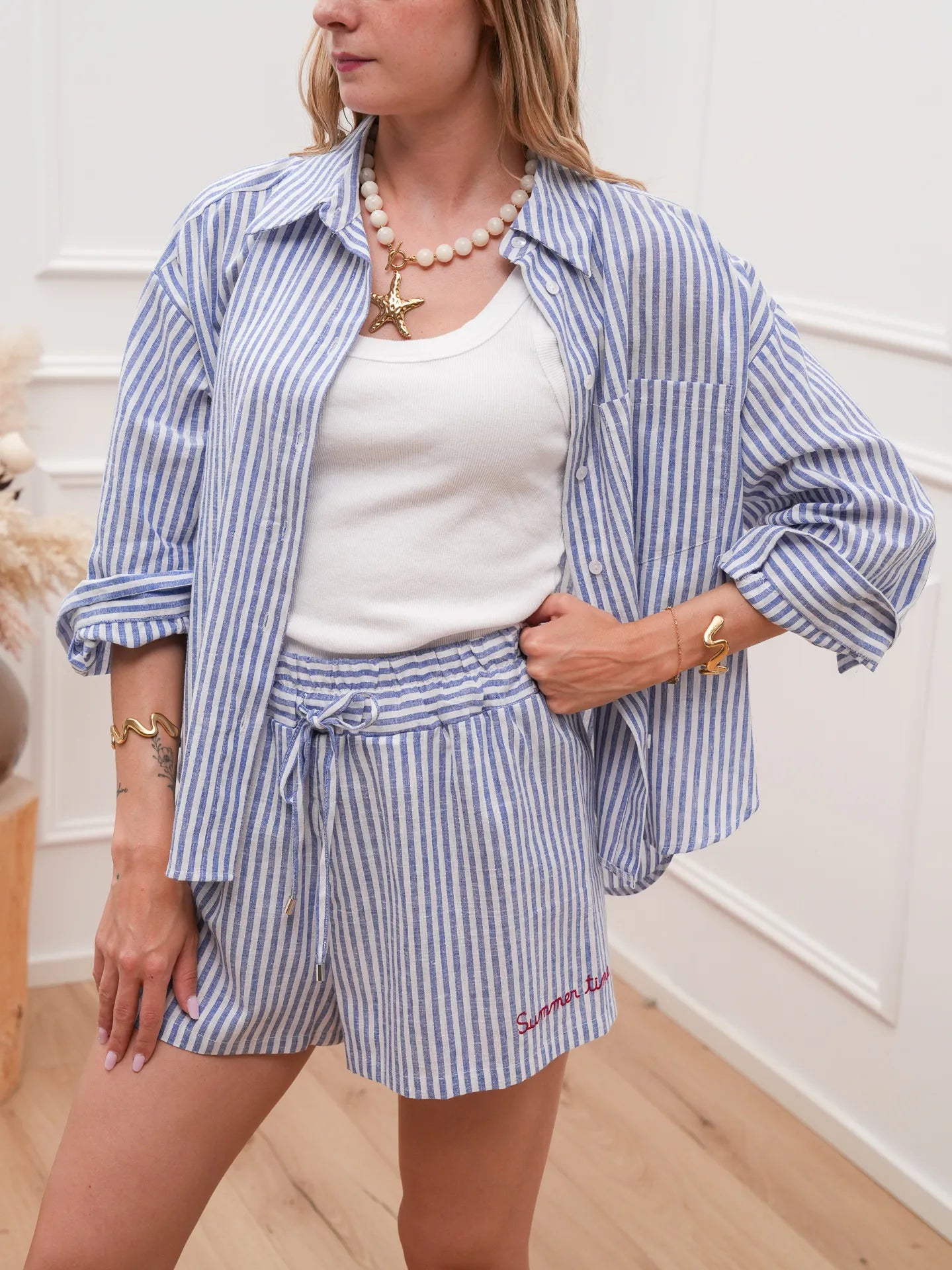 Camicia Summer Time gessata blu misto lino - Tensione In