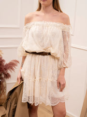 Vestito burro in pizzo sangallo e tulle con cintura - Vicolo