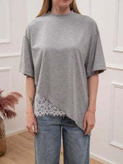T shirt grigia taglio asimmetrico con pizzo - Dixie
