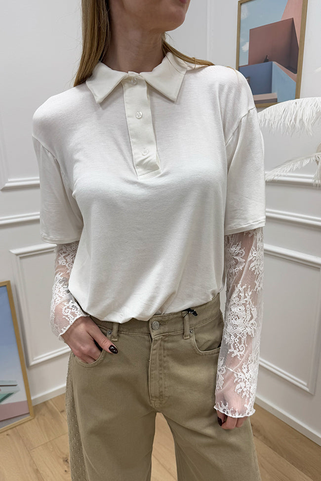 Polo bianca maniche in pizzo bianche - HaveOne