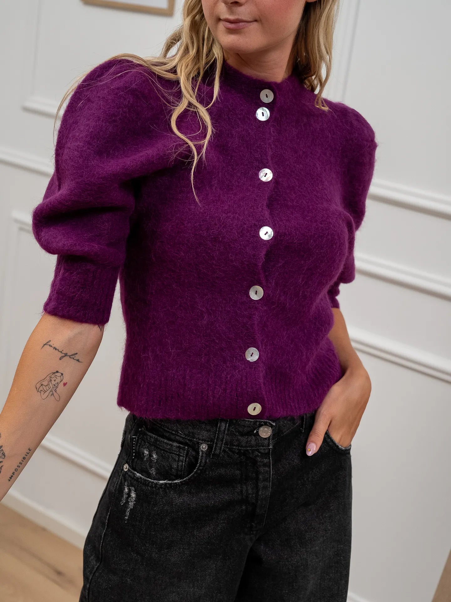 Cardigan porpora manica balloon alpaca superfine - Kontatto