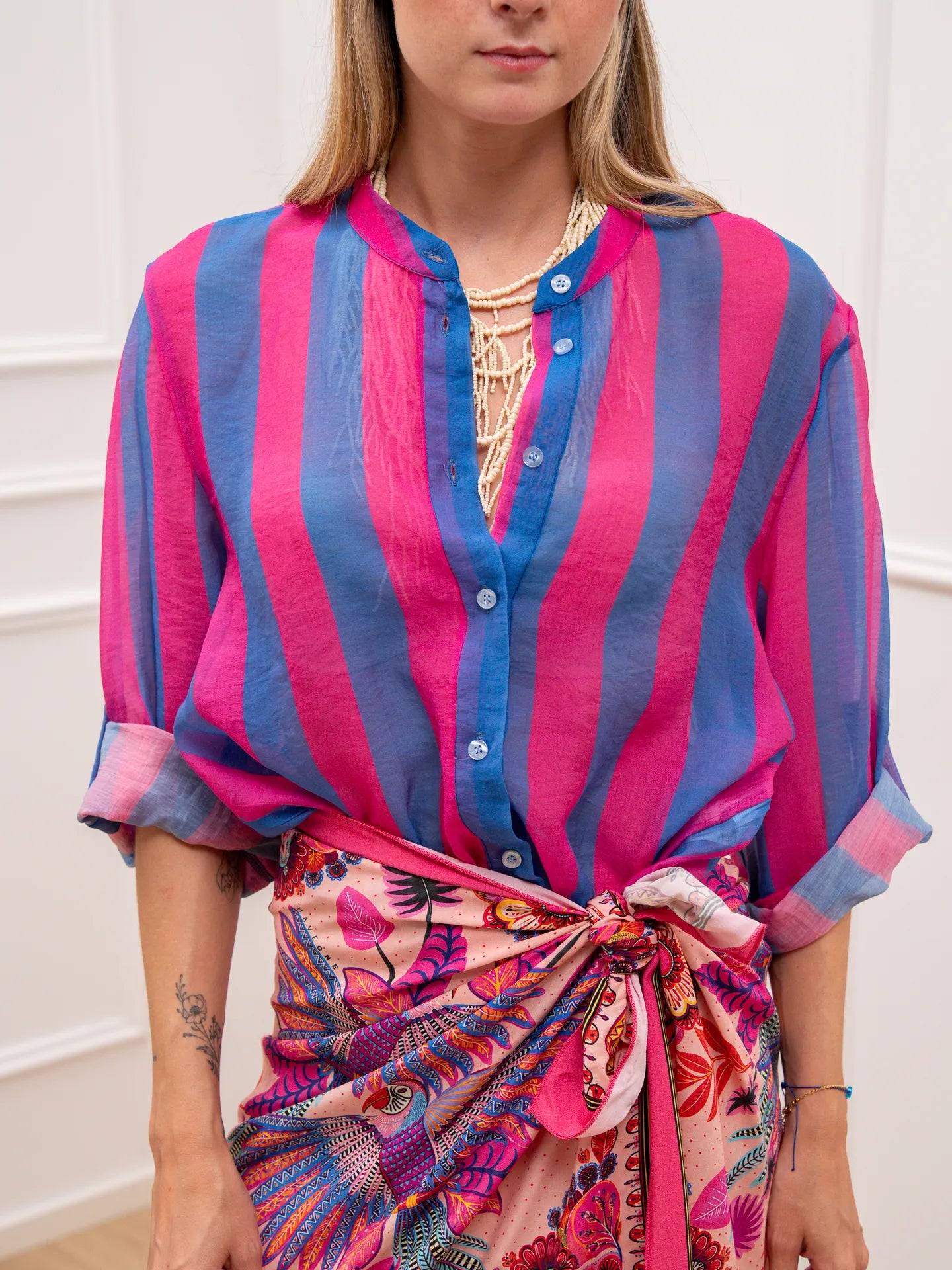 Camicia riga larga azzurro e fucsia in lyocell - HaveOne