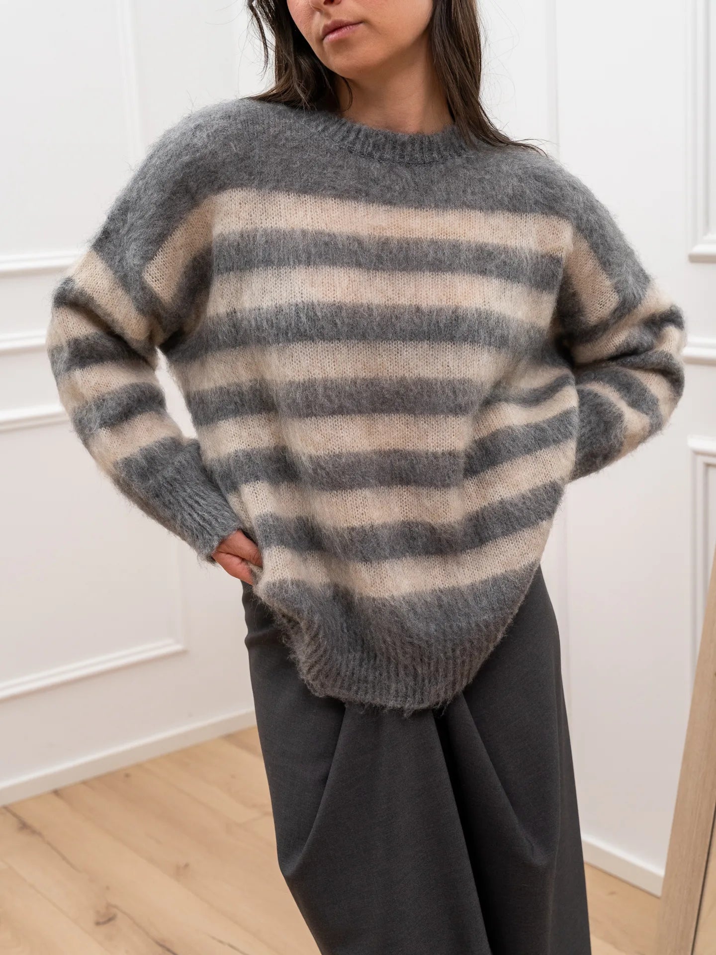 Maglia a righe grigio e beige misto mohair - Kontatto