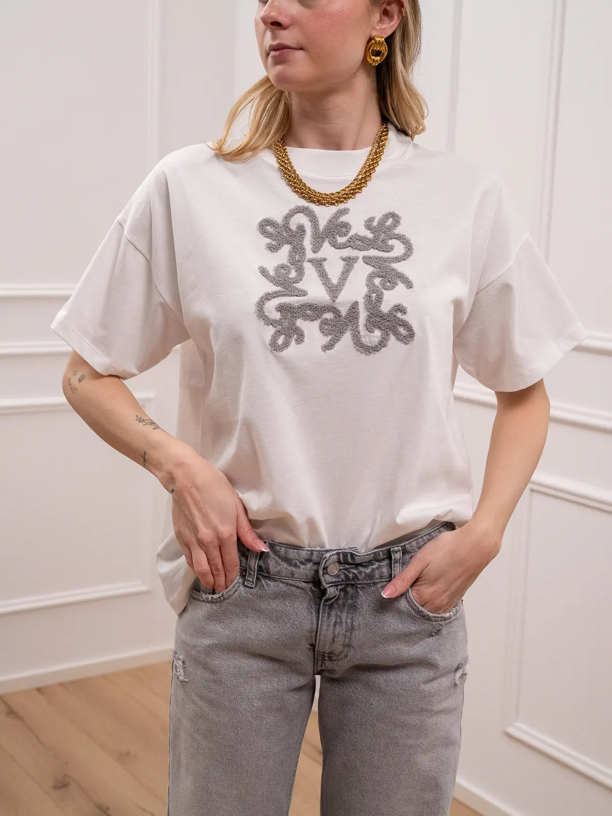 T shirt bianca logo bouclé grigio - Vicolo