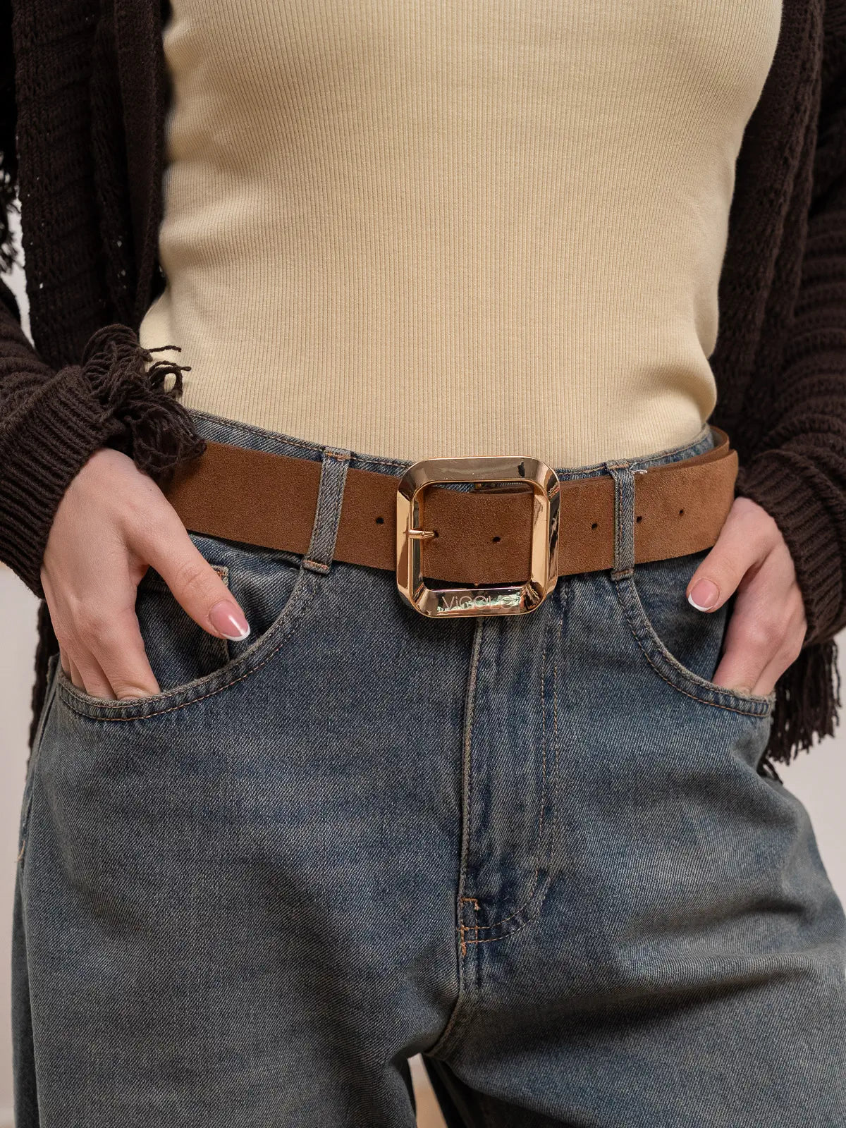 Cintura scamosciata biscotto fibbia oro - Vicolo