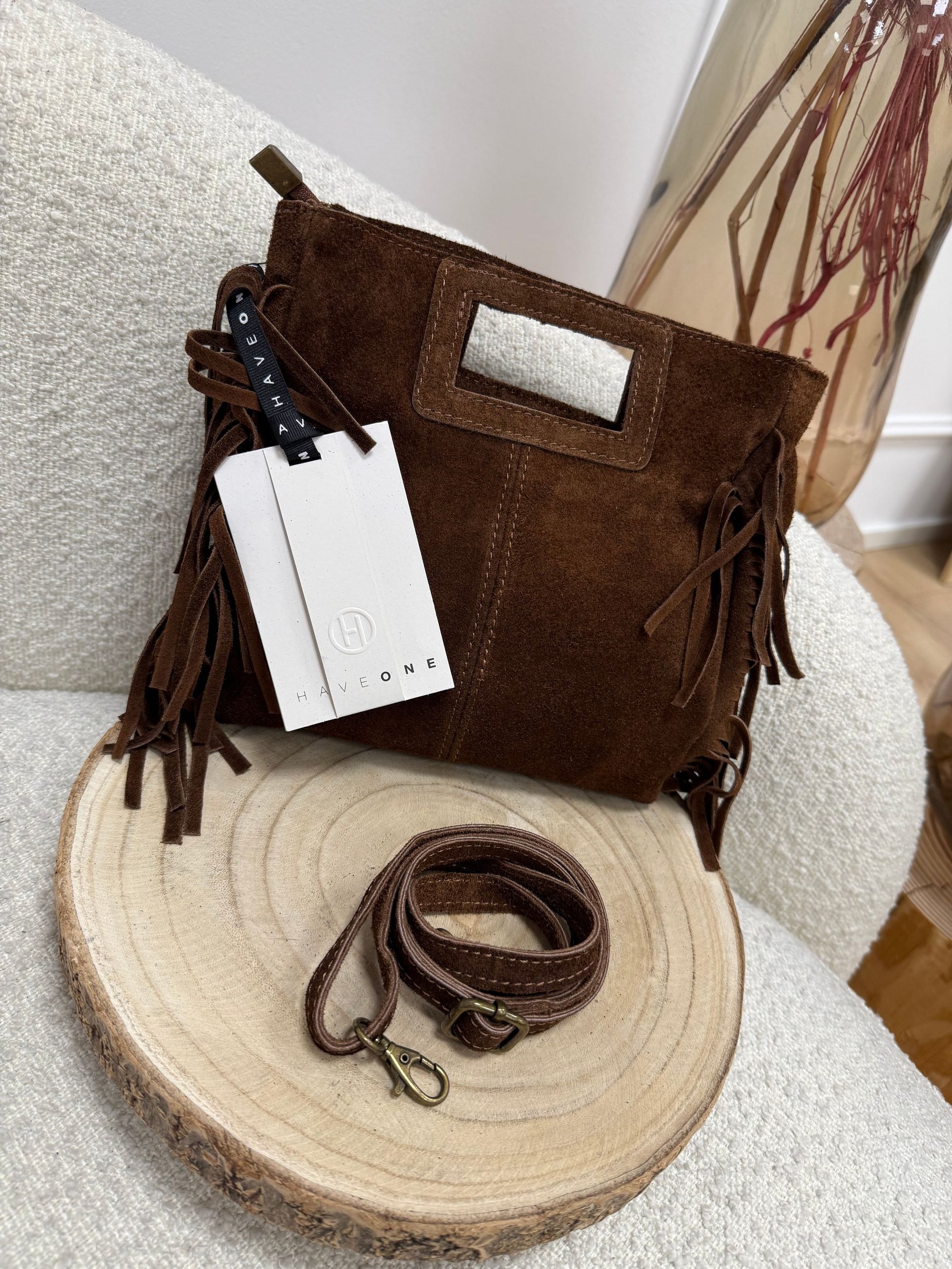 Borsa scamosciata marrone con frange - HaveOne