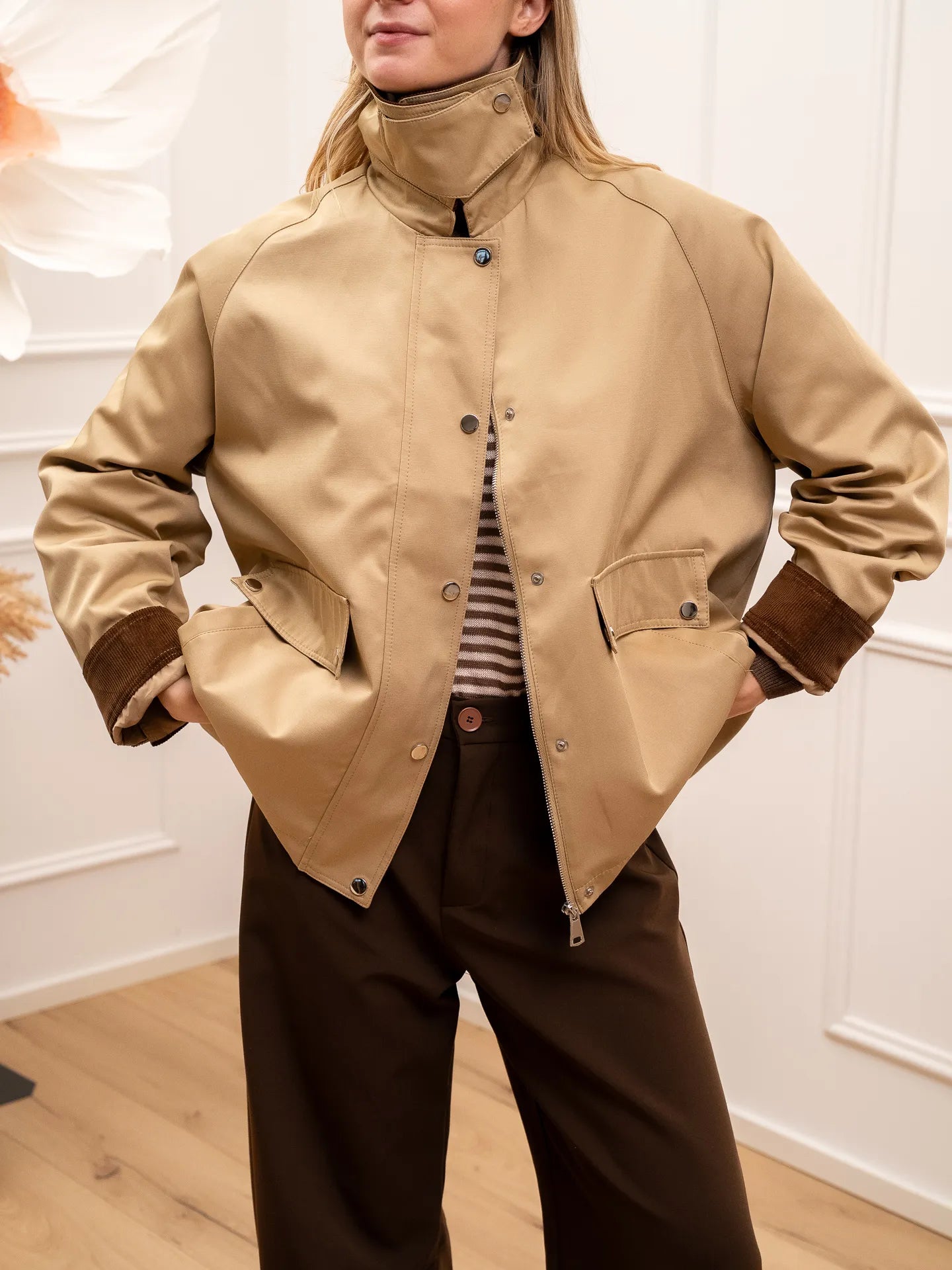 Giacchetto in cotone sabbia con colletto a coste - HaveOne